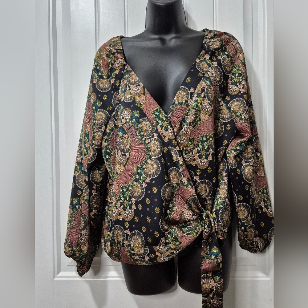 Women's V-Neck Wrap Blouse - Black Multi
